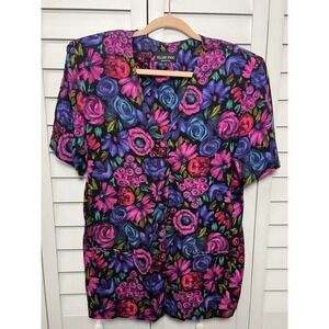 Ellen Figg Vintage Floral Short Sleeve V-Neck Button Down Blazer Women's Size 12